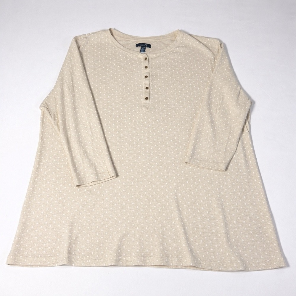 Chaps Womens 2X Henley Top Oatmeal Heather Polka Dot 3/4 Sleeve 100% Cotton